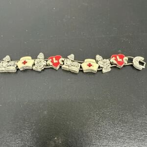Pediatric Nurse Slide Charm Bracelet Vintage Silver Tone Double Strand 8 Charms